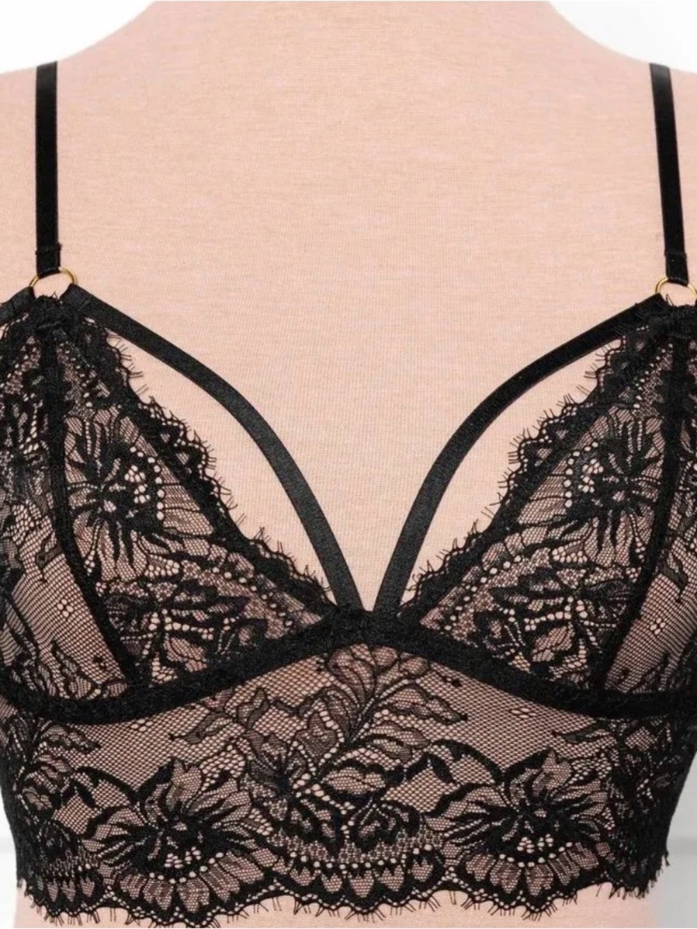 Sheer Black Floral Lace Bralette with Strappy Detail